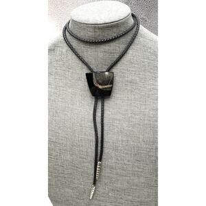 BOLO Black Lather/Faux Lathers? Glass/Stone? Pained Art Necklace Western